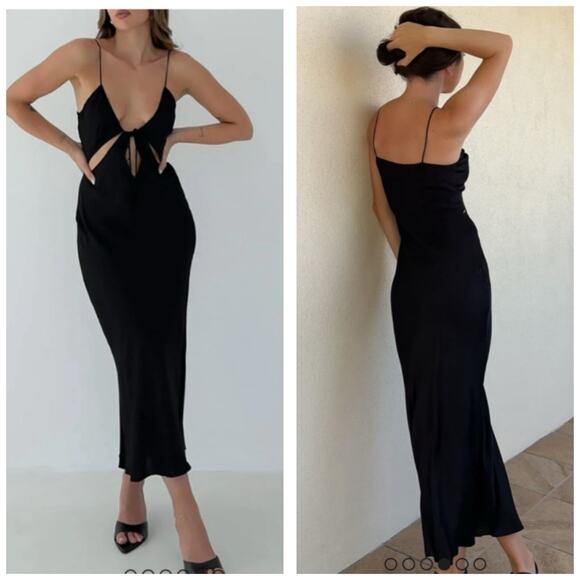 NWT Rumored The Brooklyn Baby Midi Dress Size Small Black Satin Cut Out - Picture 1 of 14